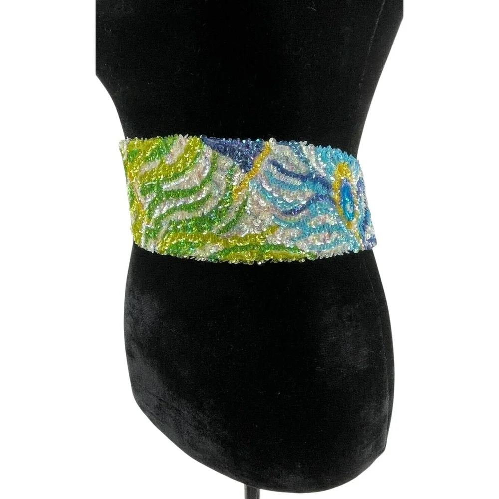 Vintage La Mendola Peacock Retro Hand Beaded Green Pure Silk Chiffon Belt